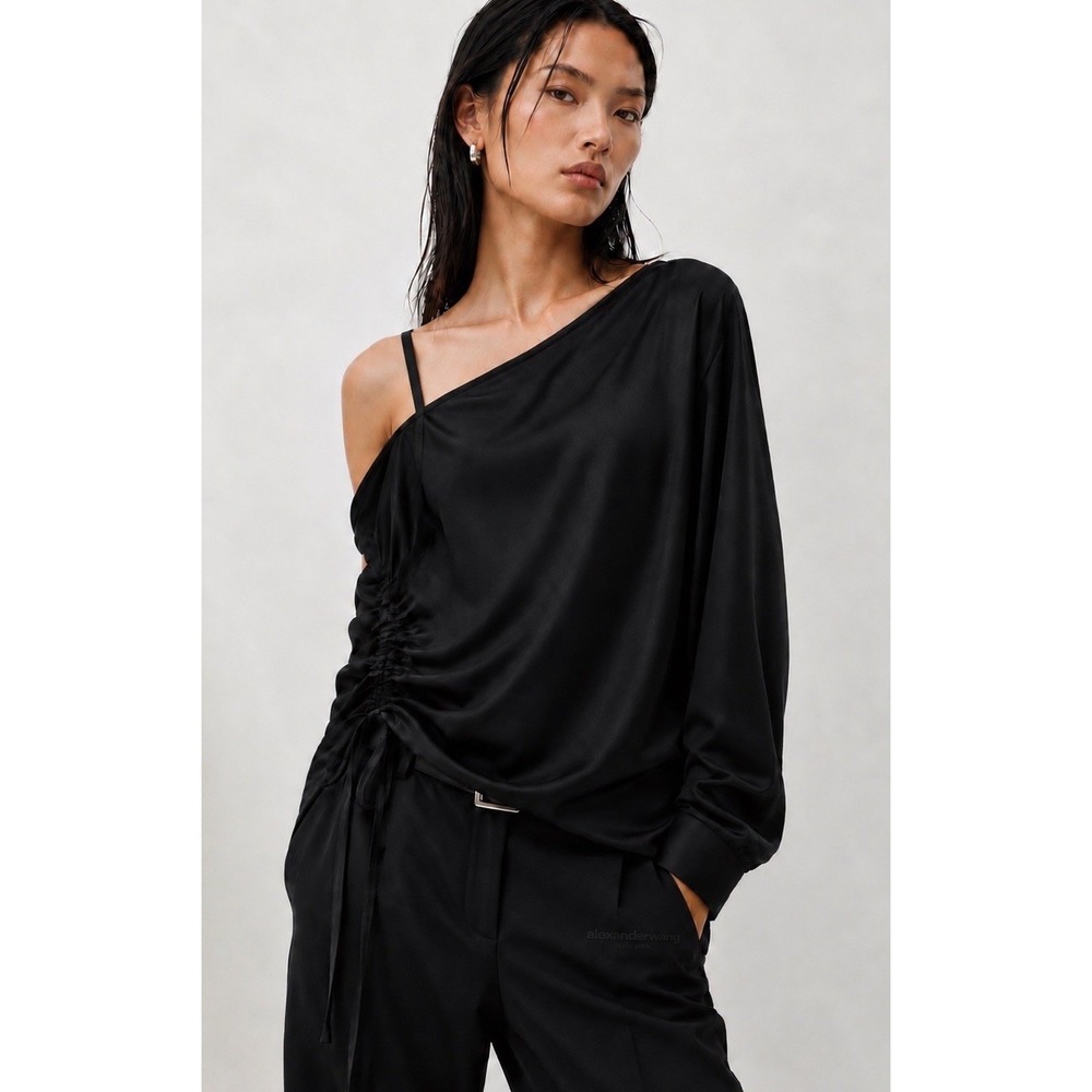T by Alexander Wang Black Satin One Sleeves Ruched Blouse Top Size 12